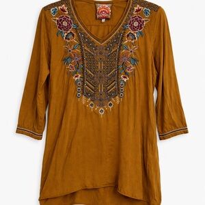 Johnny Was Mustard Embroidered V-Neck Tunic